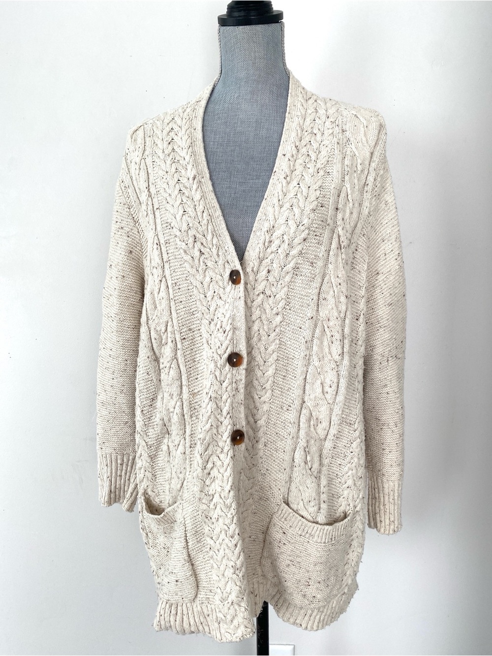 J. Jill Speckled Cream Cable Knit Cardigan 2X Buttons Lagenlook Granola Girl